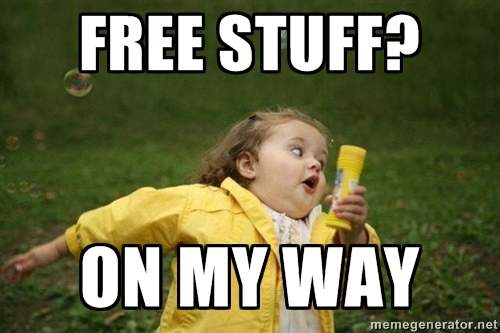 Small girl running on grass, meme text reads: Free Stuff? On my Way